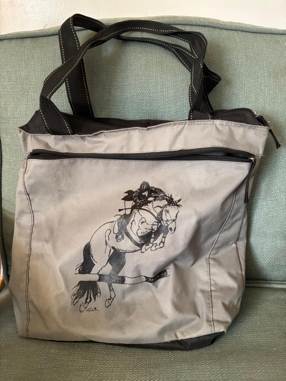 Gray Canvas Tote Bag with Equestrian Print